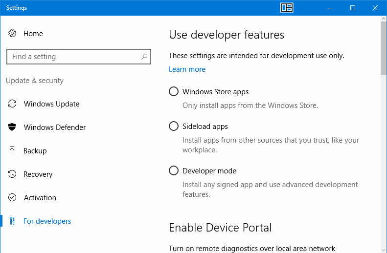 Windows developer mode